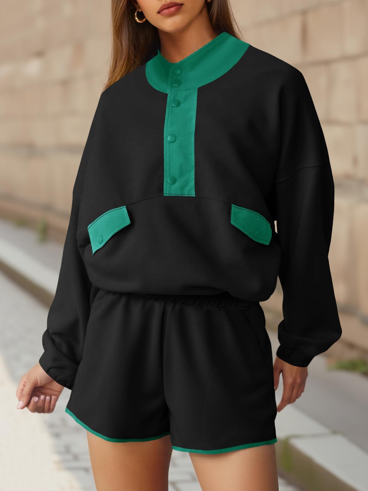 Fisoew Womens 2 Piece Sets Sweatsuits Casual Half Button Color Block Sweatshirts Running Shorts Tracksuits Fall Outfits