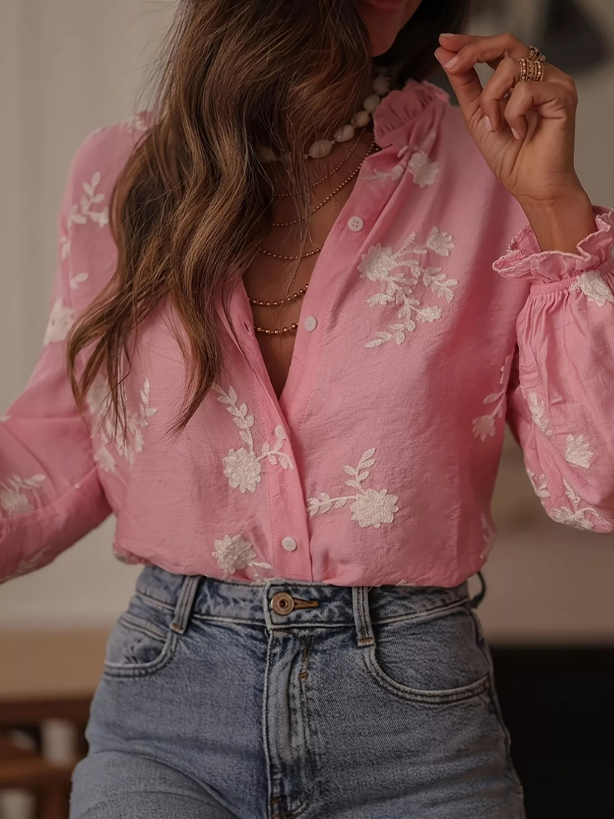 Floral Embroidered Long Sleeve Shirt