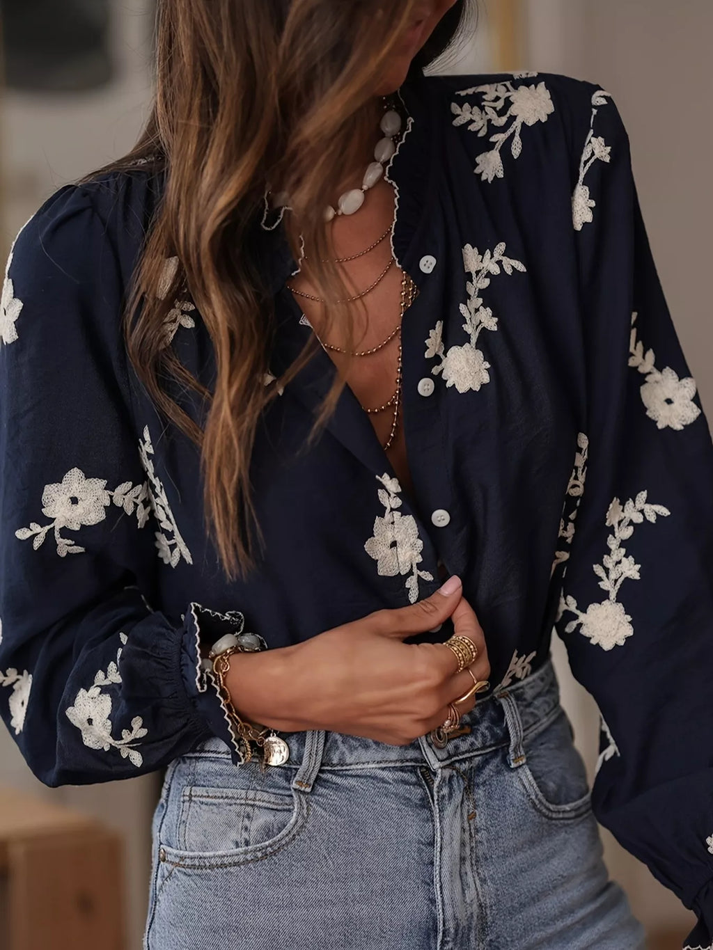 Floral Embroidered Long Sleeve Shirt