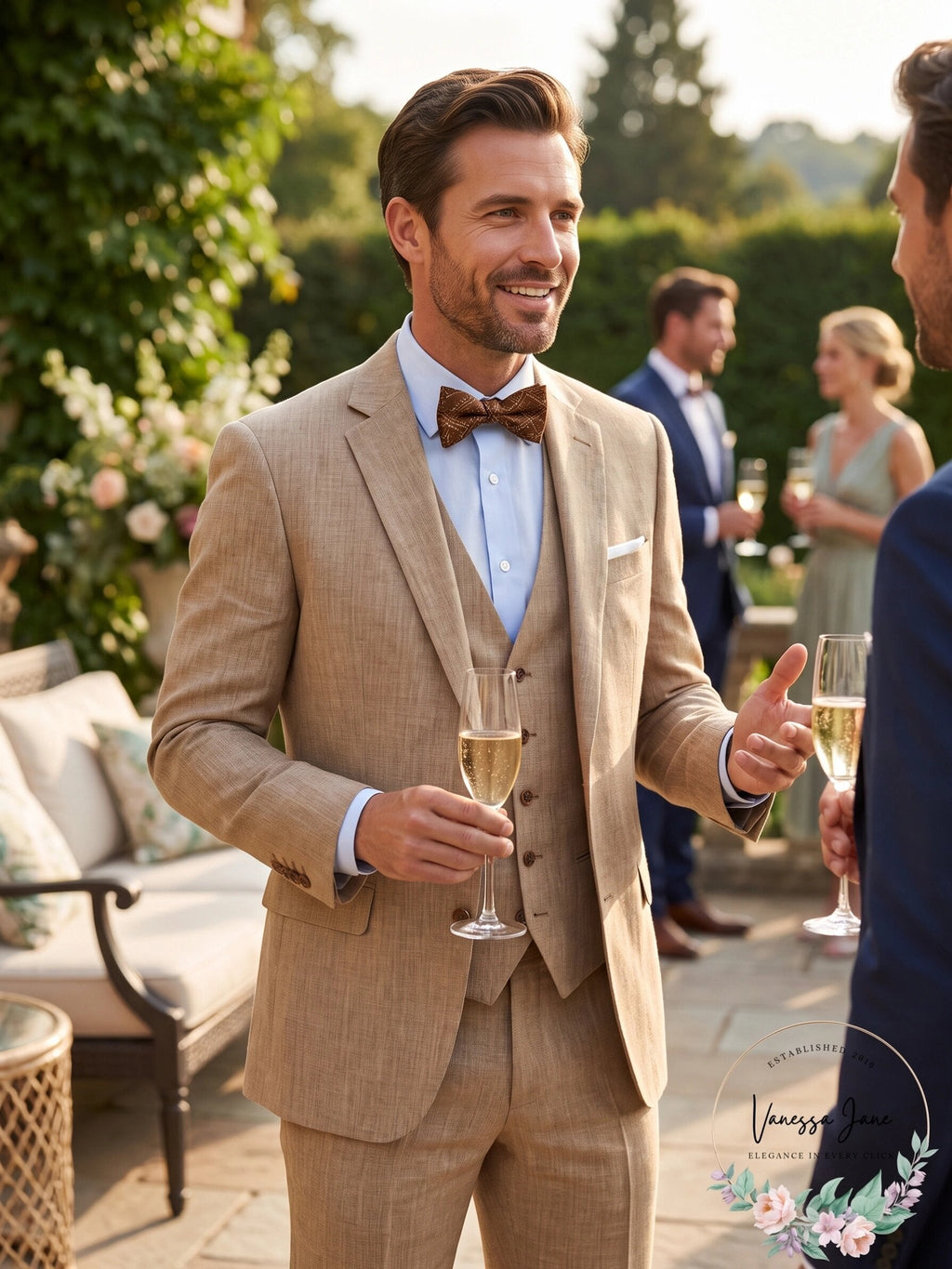 Bar III Mens Slim-Fit Tan Pinstripe Linen Suit Jacket