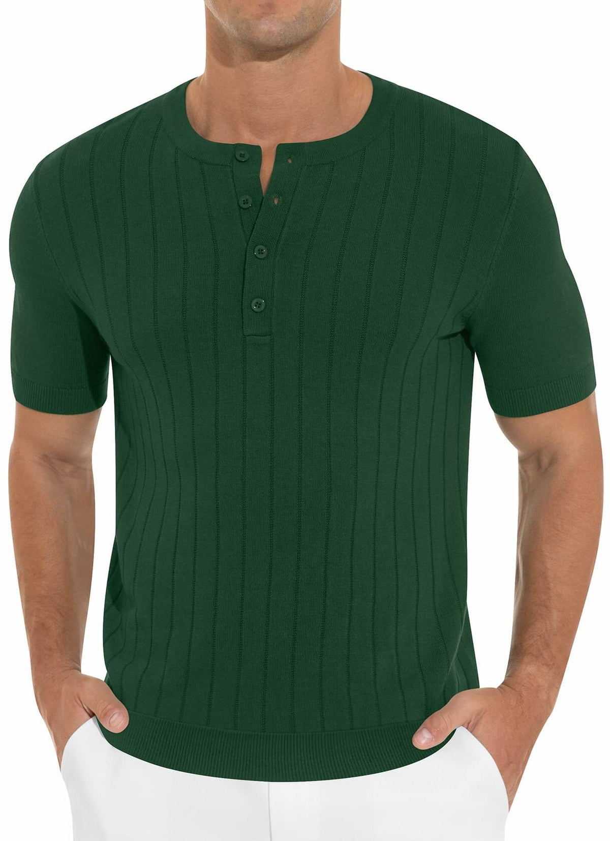 NITAGUT Mens Slim Fit Henley Shirt Short Sleeve Button Dark Green Size M