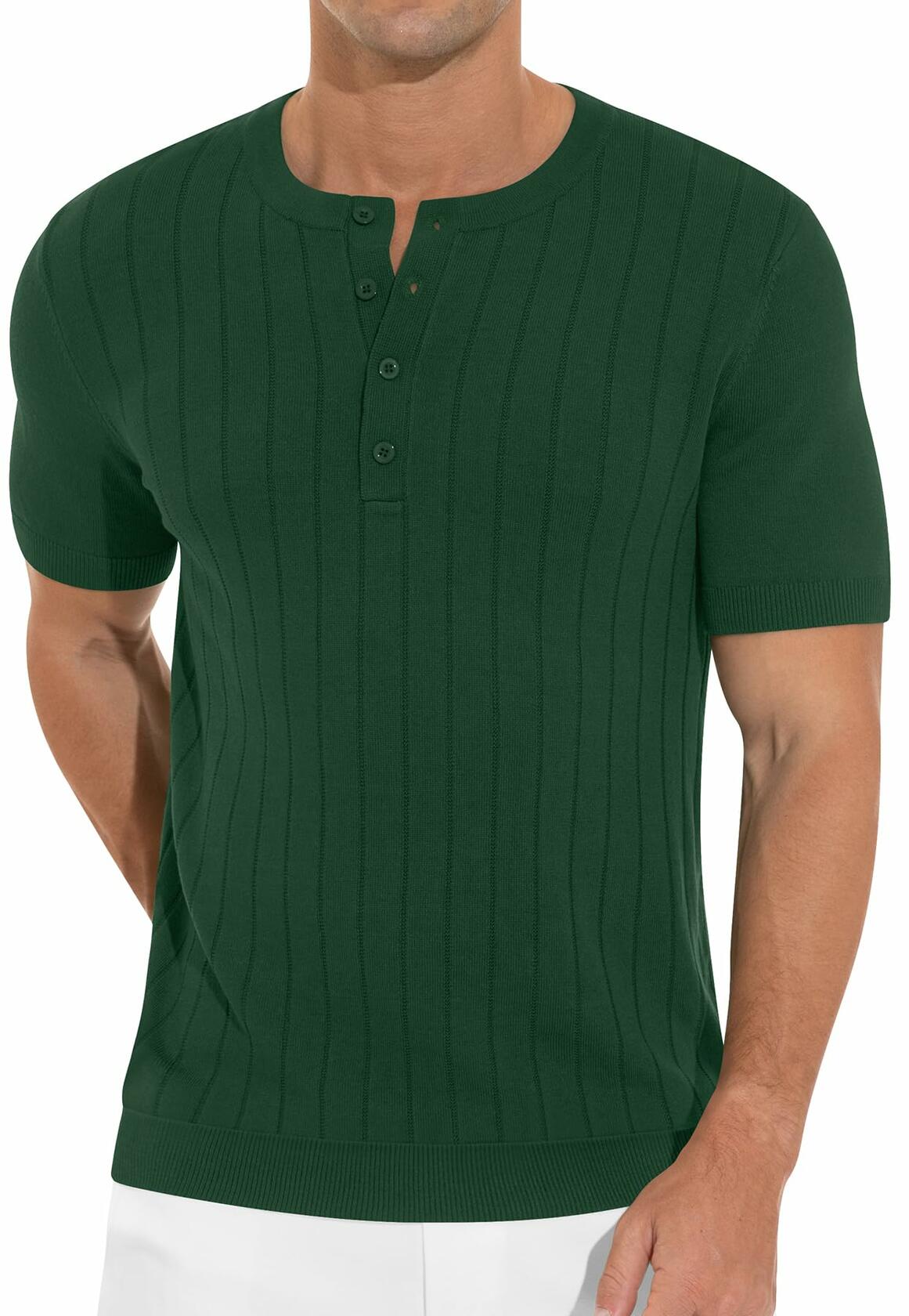 NITAGUT Mens Slim Fit Henley Shirt Short Sleeve Button Dark Green Size M