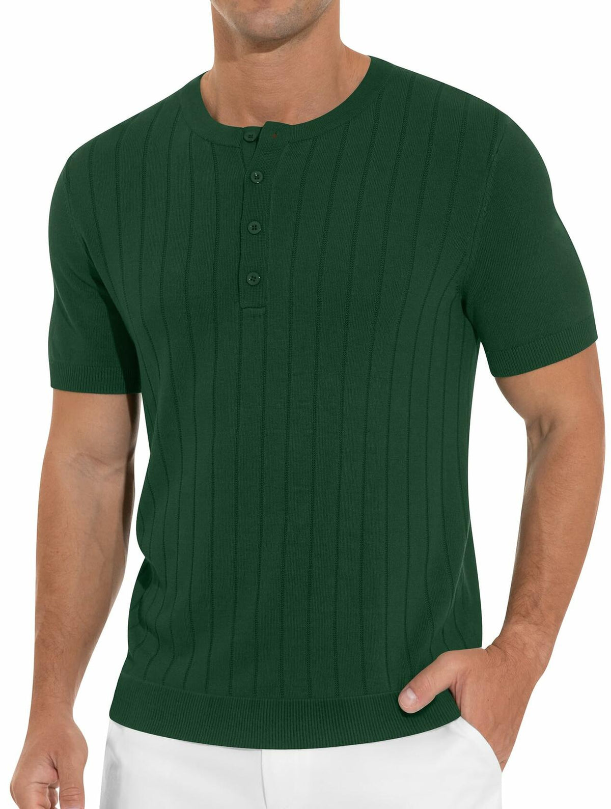 NITAGUT Mens Slim Fit Henley Shirt Short Sleeve Button Dark Green Size M