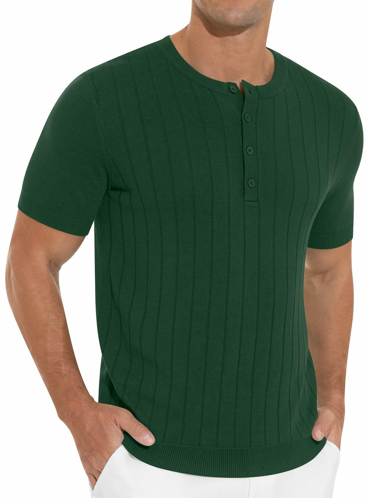 NITAGUT Mens Slim Fit Henley Shirt Short Sleeve Button Dark Green Size M