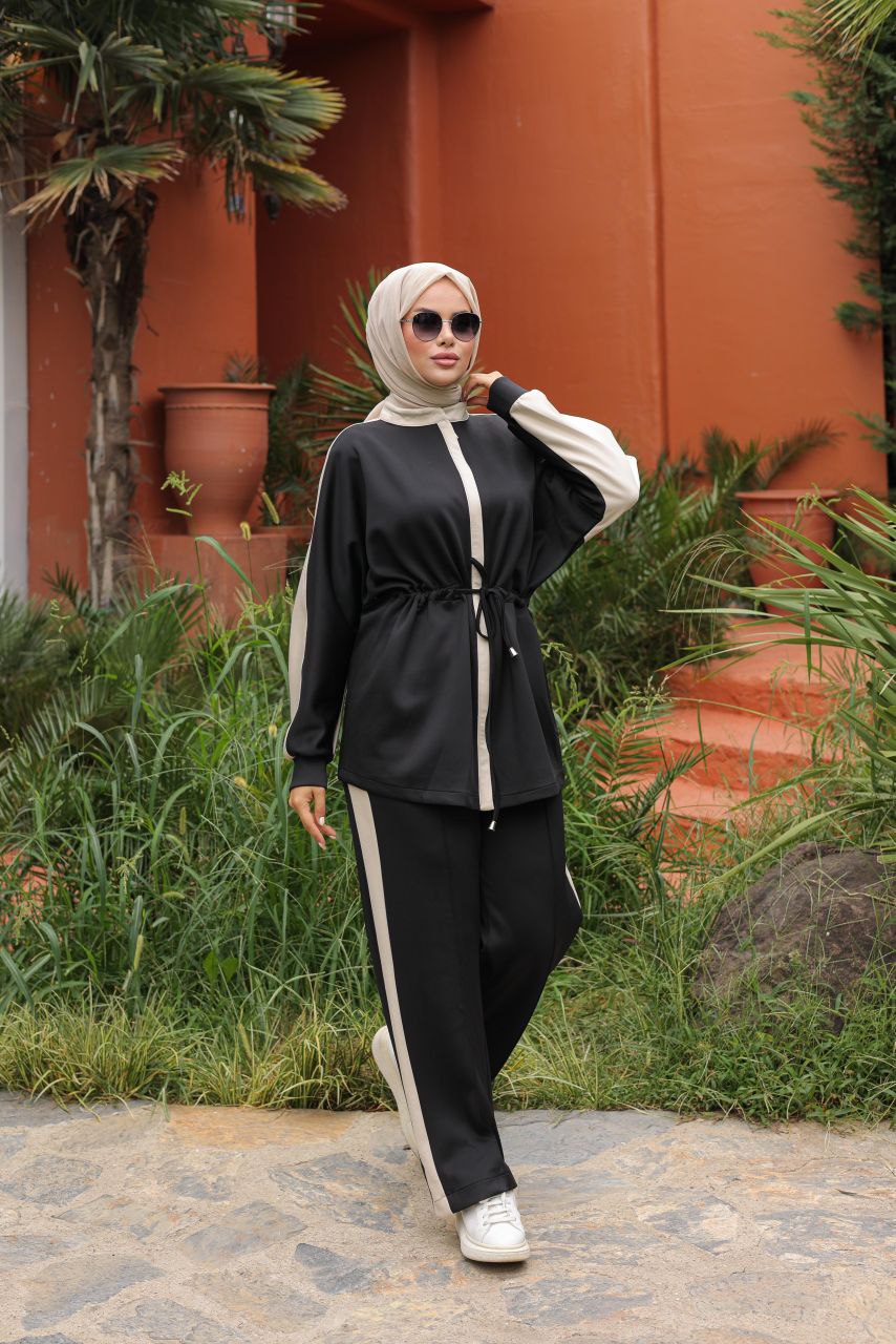 Black Two-Piece Modest Tracksuit with Side Stripe & Drawstring Tunic – Women's Sportswear Set